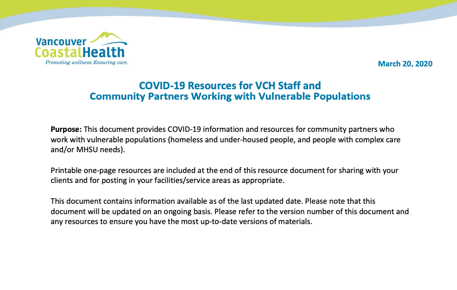 VCH COVID-19 Resources for Staff Working with Vulnerable Populations